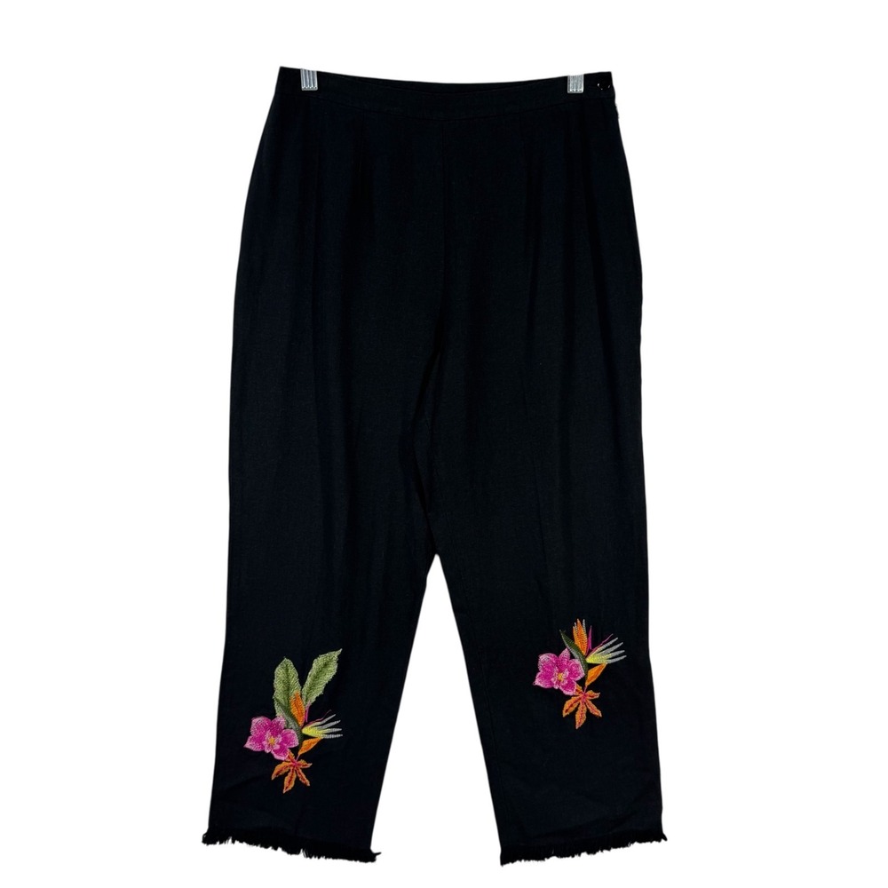 Stonebridge‎ Pants Womens 10 Black Linen Rayon Floral Embroidered Cropped Resort